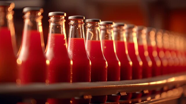 A captivating view of bright red ketchup bottles rolling smoothly along a conveyor belt in a bustling factory. The efficient production process showcases the assembly line's rhythm and energy