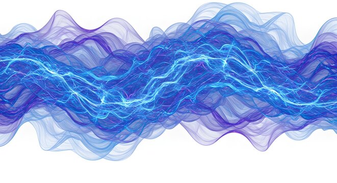 Abstract blue and purple flowing energy with a central lightning bolt design on white background - Powered by Adobe