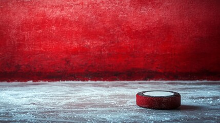 An isolated hockey puck rests on a textured ice surface against a striking red background. Perfect for sports blogs, fan sites, or game event promotions.