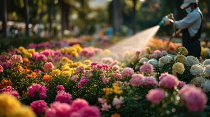 Gardening action groundskeeper watering vibrant flowers in a public park lush environment close-up viewpoint