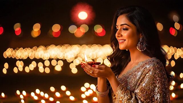 young indian woman holding diya on diwali festival