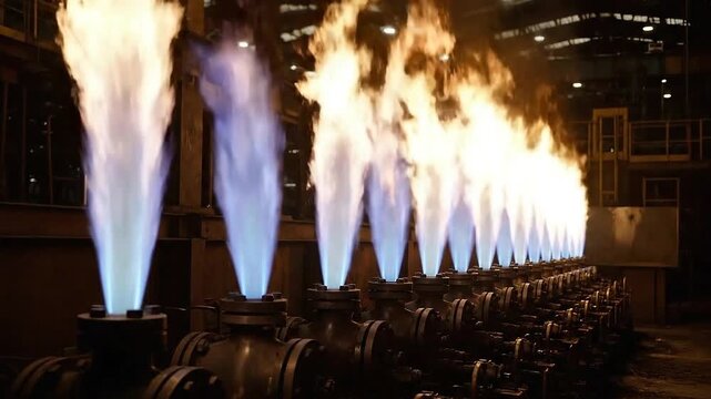 Industrial Flame Row with Blue and Orange Flames Against Dark Background