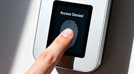 Fingerprint scanner denying access with a biometric rejection message on the screen. A concept of security system failure or an unauthorized entry attempt