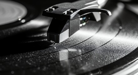 Close-up of a record player's needle resting on a spinning vinyl record, capturing the detail of the grooves.