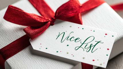 Christmas gift wrapped with red ribbon and nice list tag