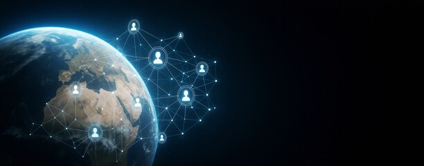 Global social network connections over Earth with digital user icons on dark copyspace background for technology template or business promotion banner.