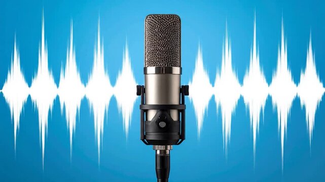 A studio condenser microphone stands against a vibrant blue background with white sound waves