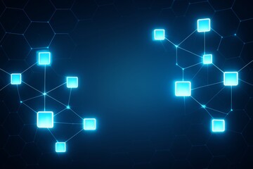Glowing network blocks connected by lines on a futuristic hexagonal background representing digital communication and blockchain concept. Ai generative