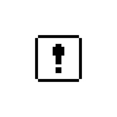 Obraz premium Pixel exclamation mark in a black box, retro 8-bit symbol for alerts, notifications, and UI design in classic video games or vintage software interfaces.