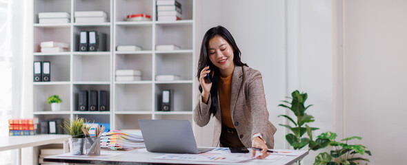 Office, business asian woman and laptop with phone call for communication, financial help or bank...