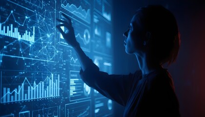 Data Analysis: A tech-savvy individual, illuminated by the cool glow of digital displays, delves into a sea of interconnected data points and complex analytics.