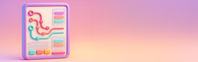 Colorful subway map mockup with abstract 3D transport lines displayed on digital frame, with empty pastel background for poster or banner use. Ai generative