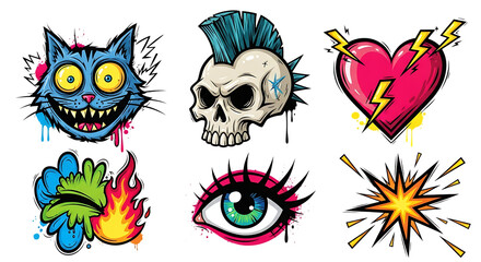 Naklejka premium Punk Rock Rebel Style Tattoo Stickers Set Featuring Cat Skull Heart Eye and Explosion Graphics