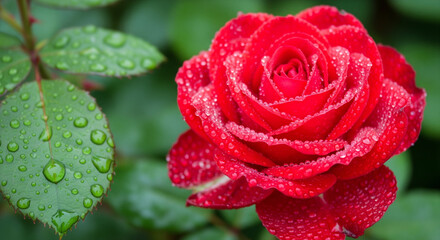 A vibrant red rose in full bloom is captured in a close-up shot, covered in small water droplets, likely dew or rain. The rose is set against a soft, lush green background of foliage, highlighting its