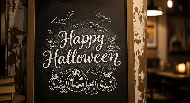 Happy halloween chalkboard with pumpkins and bats design