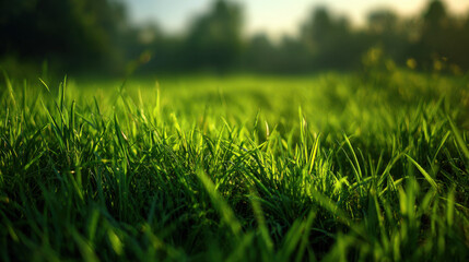 Fototapeta premium Open green grass field under sunlight with bright vibrant tones, natural landscape background