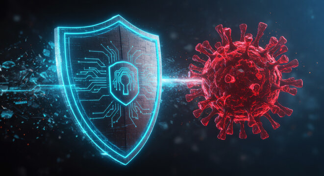 Digital glowing shield with lock icon protecting against a red virus, symbolizing cybersecurity, data defense, and immune system against biological and software threats
