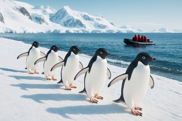 Obraz premium Adelie penguins marching on snowy Antarctic shore with tourists in inflatable boat on background under bright daylight sky.