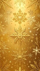 A vertical image displays numerous ornate gold snowflakes against a textured golden backdrop