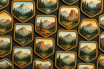 Nature landscape embroidered patches arranged on dark background with scenic mountain and forest illustrations in vintage art style. Ai generative