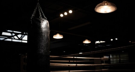 Dark boxing gym with punching bag