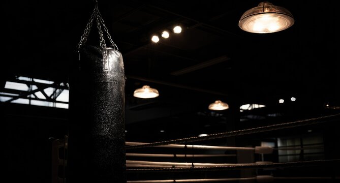 Dark boxing gym with punching bag - Powered by Adobe