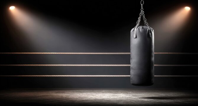 Boxing punching bag in dark ring. Spotlight