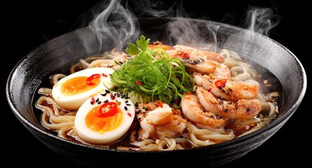 Steaming bowl of ramen with shrimp and egg