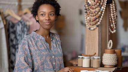 In a lively boutique filled with colorful clothing, a woman entrepreneur beams with joy as she shares her passion for handcrafted designs. Her dedication to artistry shines through