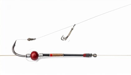 Render a close-up of a metallic fishing hook looped with line, isolated on a clean background to emphasize outdoor gear precision, angling technique, and the craftsmanship of fishing equipment.