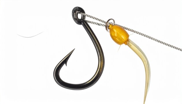 Render a close-up of a metallic fishing hook looped with line, isolated on a clean background to emphasize outdoor gear precision, angling technique, and the craftsmanship of fishing equipment.