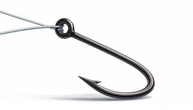 Render a close-up of a metallic fishing hook looped with line, isolated on a clean background to emphasize outdoor gear precision, angling technique, and the craftsmanship of fishing equipment.