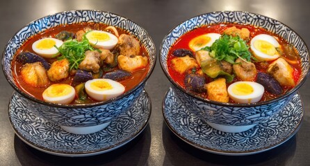Two bowls of vibrant ramen