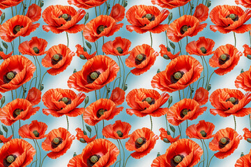 Seamless floral pattern featuring abstract summer poppy flowers. Large-scale, vibrant, sensual design on white and blue background, perfect for fabric and apparel