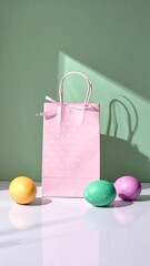 A vertical image showcasing a pink dotted gift bag with three colorful eggs on a white surface