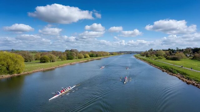 Rowing teams competing on river under blue sky