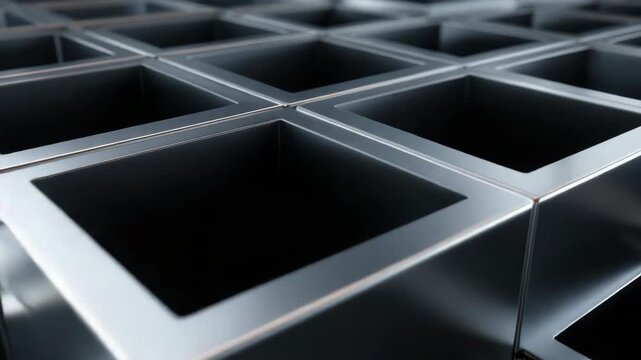 Geometric pattern of shiny metallic cubes with reflective surfaces in close-up view