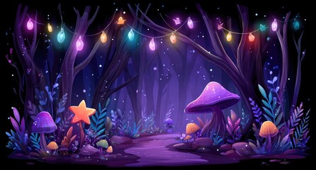 Enchanting night forest with glowing lights and fungi