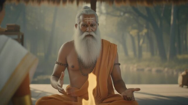 An ancient rishi explains cosmic truths to a seated woman disciple, radiating wisdom, divine knowledge, and spiritual enlightenment.