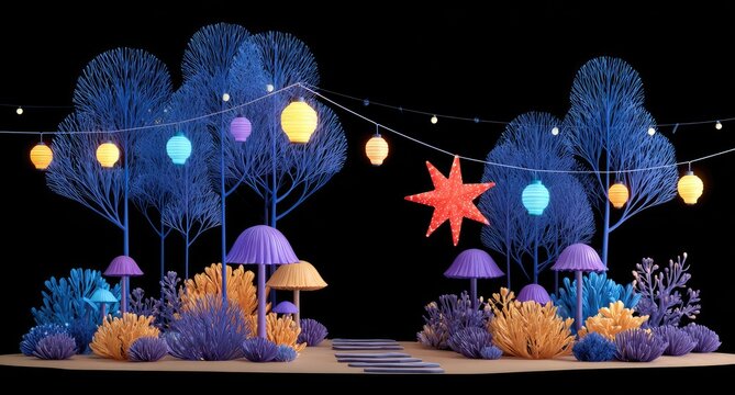 Nighttime woodland scene with string lights and lanterns