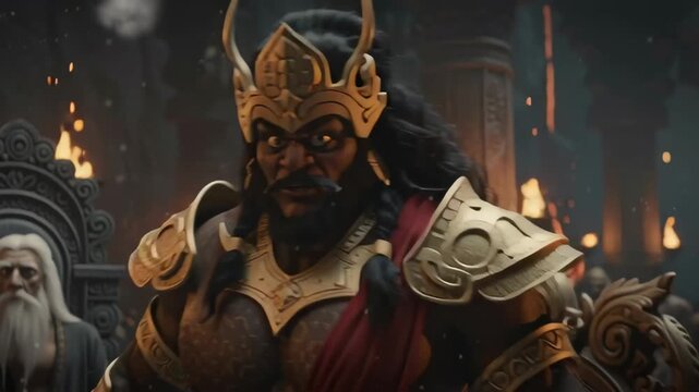 Warriors and priests gather in an ancient temple, torches ablaze, radiating ritual significance, strength, and sacred anticipation.