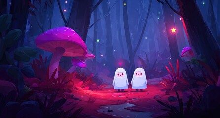 Two small, light-colored figures walk a path in a vibrant, glowing forest at night