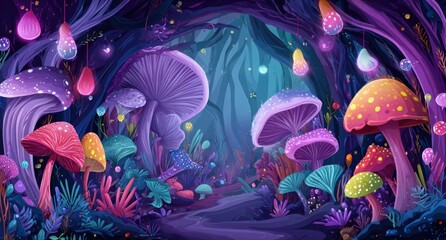 Enchanting forest path lined with colorful mushrooms, glowing flora