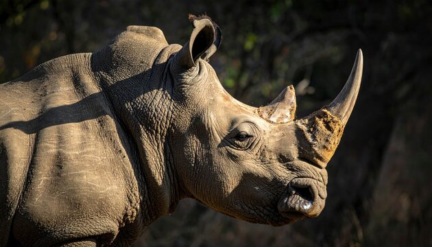Close-up of a White Rhinoceros Head in Natural Light.