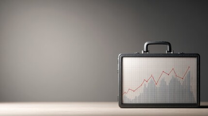 A briefcase with a financial graph, showcasing business growth and success. The briefcase has a screen displaying a red line graph against a grid background