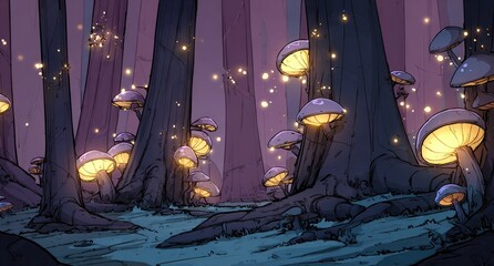 Fantasy forest lit by glowing mushrooms