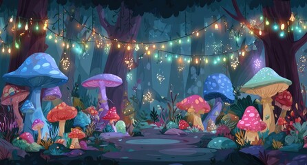 Enchanting forest scene with glowing mushrooms and fairy lights