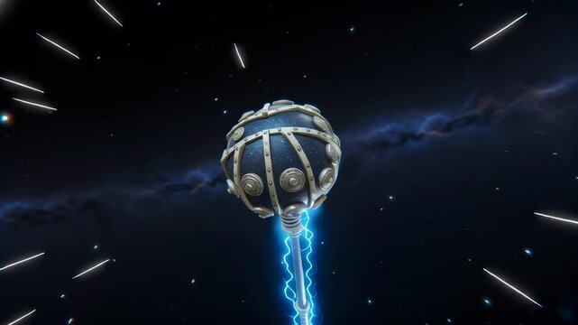 A celestial weapon is encased in a thunderous cosmic storm, radiating immense power, divine energy, and epic intensity.