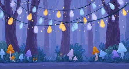 Enchanted forest scene with fairy lights
