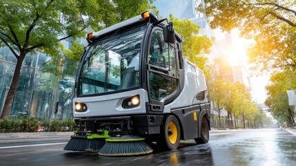 Street sweeper operator maneuvering modern equipment on urban streets clean environment daylight view professional operation